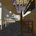 Japanese Restaurant Interior With Cherry Blossom Decor Wooden Lanterns And Open Bar