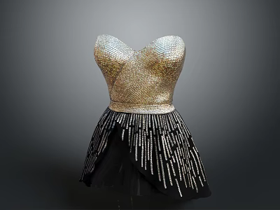 Elegant Gold Sequined Dress With Heart Neckline And Black Fringe Skirt 3d model