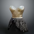 Elegant Gold Sequined Dress With Heart Neckline And Black Fringe Skirt