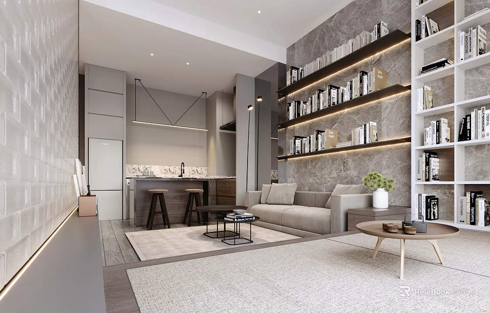 Modern Apartment Living Space With Sofa Bookshelves And Open Kitchen 3d model 