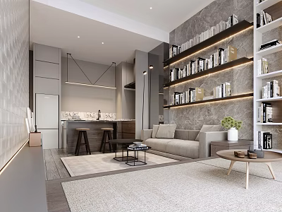 Modern Apartment Living Space With Sofa Bookshelves And Open Kitchen 3d model