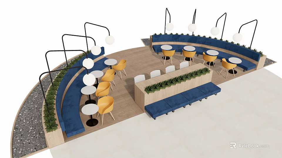 Casual Lounge Area With Curved Blue Benches Yellow Chairs Round White Tables Black Pendant Lights 3d model 