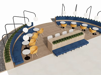 Casual Lounge Area With Curved Blue Benches Yellow Chairs Round White Tables Black Pendant Lights 3d model