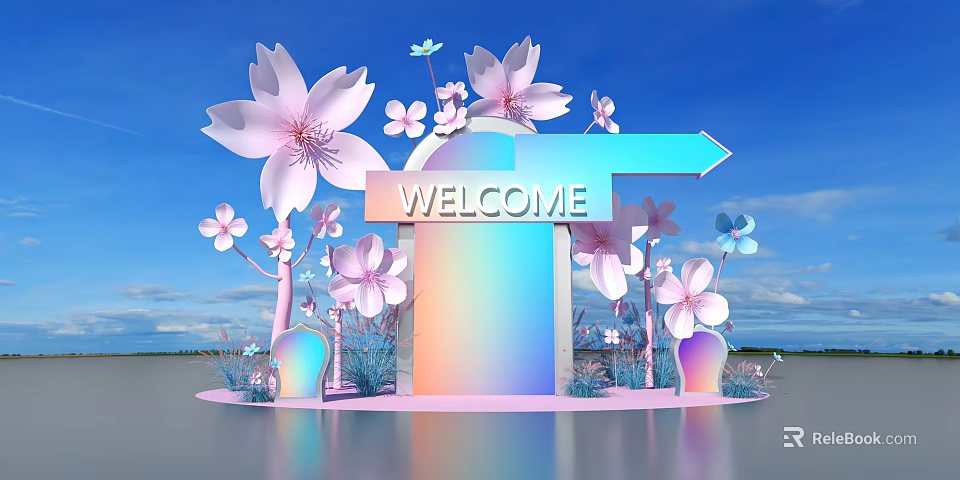 Floral Display Installation With Cherry Blossoms And Welcome Sign Under Blue Sky 3d model 