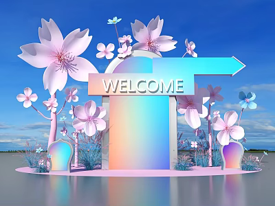 Floral Display Installation With Cherry Blossoms And Welcome Sign Under Blue Sky 3d model