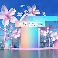 Floral Display Installation With Cherry Blossoms And Welcome Sign Under Blue Sky 3d model