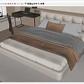 Modern Double Bed with Upholstered Headboard Neutral Bedding Striped Rug and Nightstand