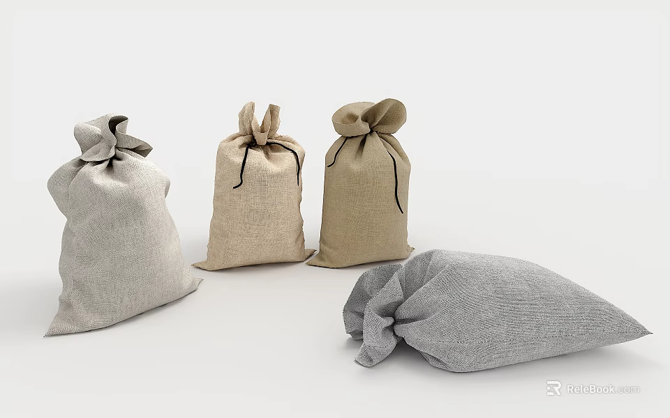 Four Practical Burlap Storage Bags With Drawstring In Gray And Beige 3d model 