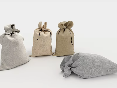 Four Practical Burlap Storage Bags With Drawstring In Gray And Beige 3d model