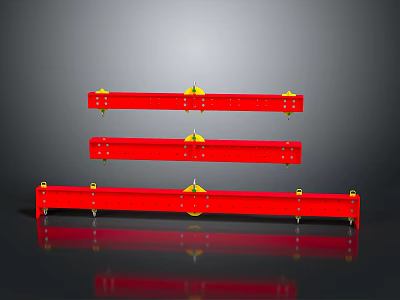 Three Red Shiny Metallic Industrial Bars With Yellow Components On Gray Background 3d model