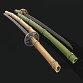 Traditional Japanese Katanas Samurai Weapons With Green And Beige Scabbards Sharp Blades And Decorative Tsuba