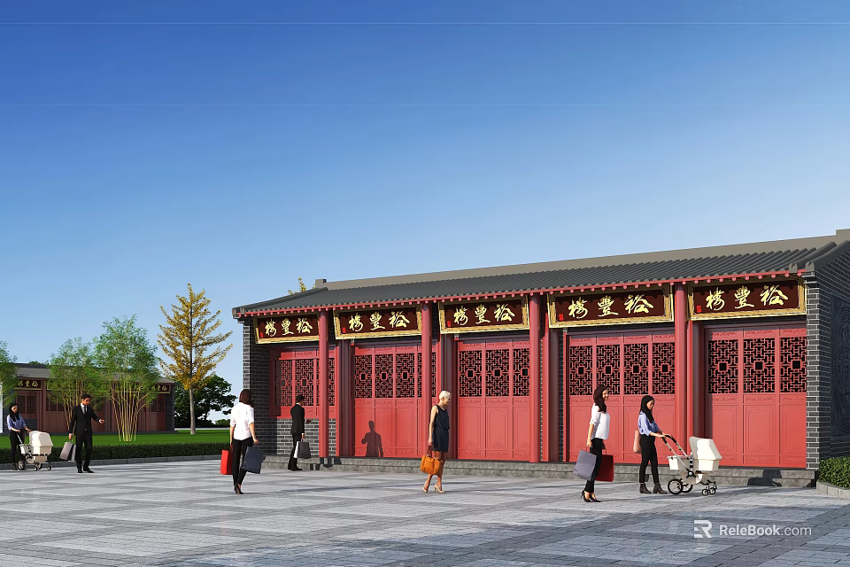 Ancient Architecture Red Gate with Golden Inscriptions and Pedestrians on Square Under Blue Sky 3d model 