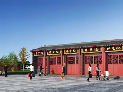 Ancient Architecture Red Gate with Golden Inscriptions and Pedestrians on Square Under Blue Sky 3d model
