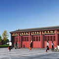 Ancient Architecture Red Gate with Golden Inscriptions and Pedestrians on Square Under Blue Sky
