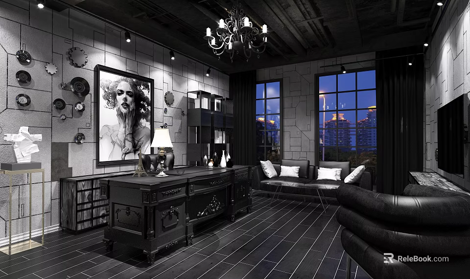 Modern Office Space With Large Decorative Painting Chandelier Bookshelf Sofa And City View Windows 3d model 