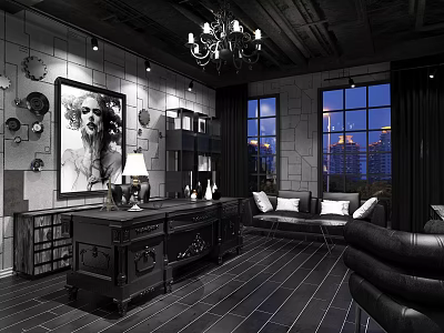 Modern Office Space With Large Decorative Painting Chandelier Bookshelf Sofa And City View Windows 3d model