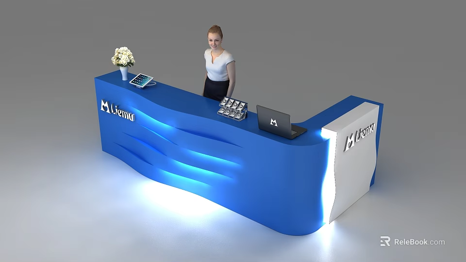 Luxuria Modern Reception Desk Blue Wavy Design With LED Lighting Laptop And Flower Vase 3d model 