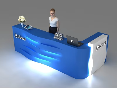 Luxuria Modern Reception Desk Blue Wavy Design With LED Lighting Laptop And Flower Vase 3d model