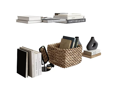 Elegant Books Magazines Display With Stacks Of Books Woven Basket Sculpture Standing Books And Mirror 3d model