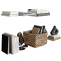 Elegant Books Magazines Display With Stacks Of Books Woven Basket Sculpture Standing Books And Mirror