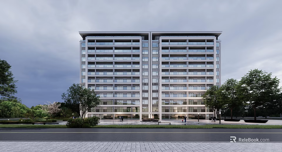 Modern High Rise Apartment Building Exterior With Trees Road And Urban Landscape 3d model 