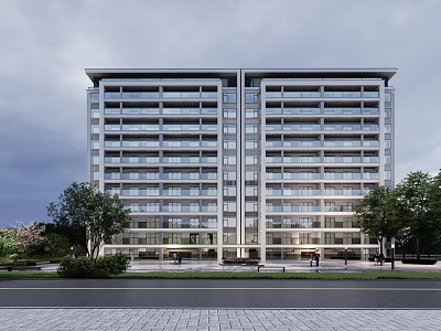 Modern High Rise Apartment Building Exterior With Trees Road And Urban Landscape 3d model