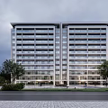 Modern High Rise Apartment Building Exterior With Trees Road And Urban Landscape