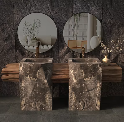Double Marble Washbasins With Round Mirrors And Wooden Countertop On Stone Wall 3d model