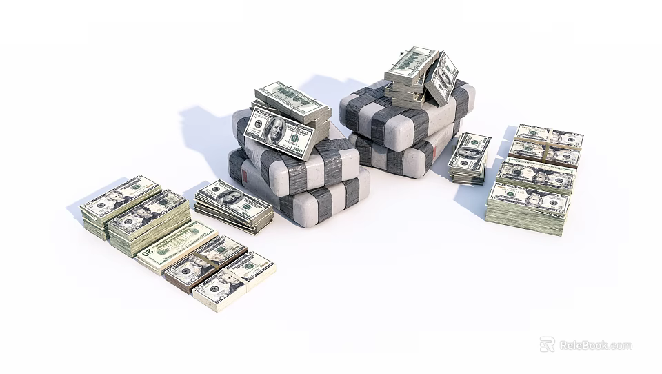 Elegant Decorative Ornament Set with Stacked Dollar Bills and Scattered Cash for Home 3d model 