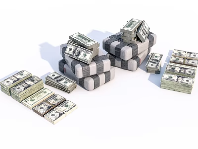 Elegant Decorative Ornament Set with Stacked Dollar Bills and Scattered Cash for Home 3d model