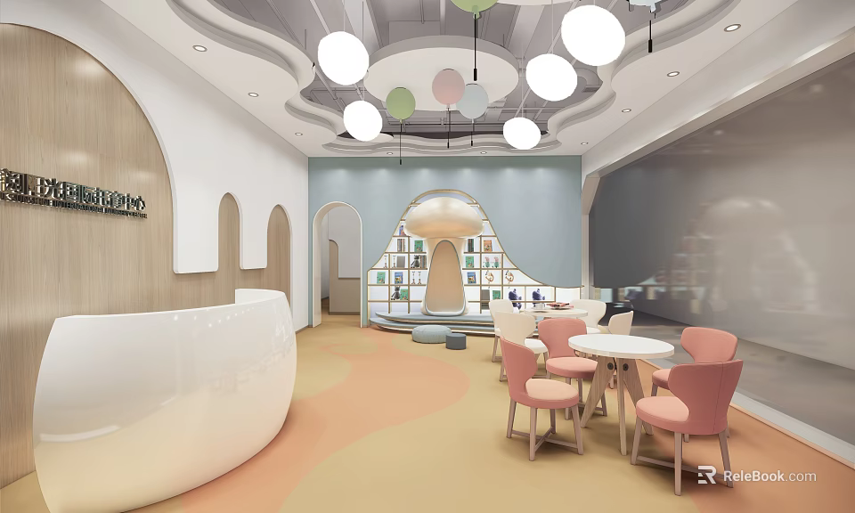Bright Colorful Kindergarten Interior With Reception Desk Bookshelves And Decorative Lights 3d model 