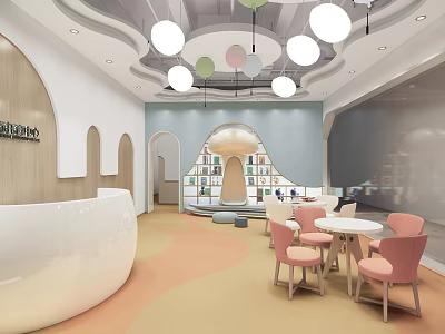 Bright Colorful Kindergarten Interior With Reception Desk Bookshelves And Decorative Lights 3d model