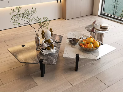 Modern Marble Top Coffee Table With Fruit Bowl Vase And Green Plant Decor 3d model