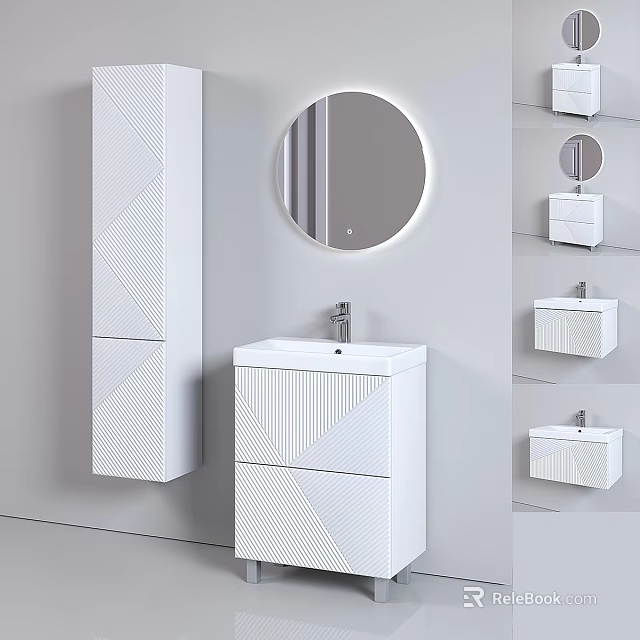 Modern White Bathroom Vanity Design With Round Mirror And Geometric Storage Cabinets 3d model 