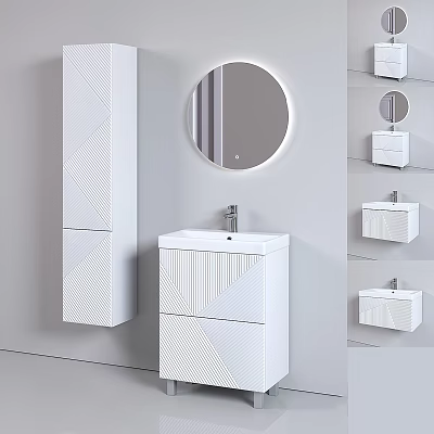 Modern White Bathroom Vanity Design With Round Mirror And Geometric Storage Cabinets 3d model