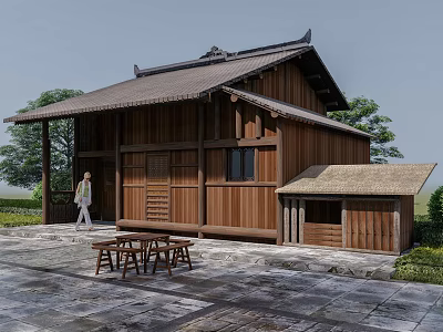 Ancient Chinese Wooden Building Featuring Traditional Roof Design Stone Pavement And Green Surroundings 3d model