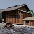 Ancient Chinese Wooden Building Featuring Traditional Roof Design Stone Pavement And Green Surroundings
