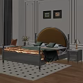 Double Bed With Yellow Padded Headboard Gray Frame Green Pillows Orange Blanket And Nightstand Lamp