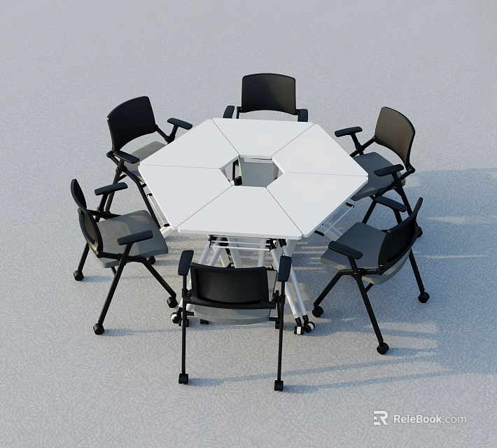 Modern White Hexagonal Conference Table With Six Black Armrest Chairs 3d model 