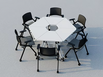 Modern White Hexagonal Conference Table With Six Black Armrest Chairs 3d model