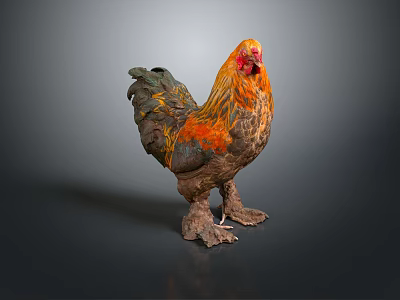 Vibrant Rooster With Orange And Black Feathers And Red Comb Standing On Gray Background 3d model