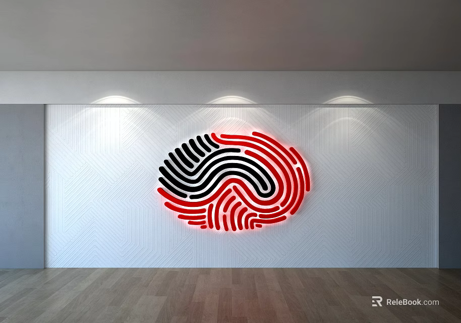 White Textured Background Wall With Black Red Fingerprint Design Three Recessed Lights And Wooden Floor 3d model 