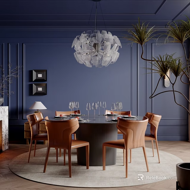Elegant Modern Restaurant Dining Area With Dark Blue Wall Art Glass Chandelier And Leather Chairs 3d model 