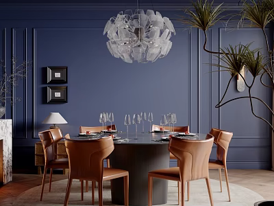 Elegant Modern Restaurant Dining Area With Dark Blue Wall Art Glass Chandelier And Leather Chairs 3d model