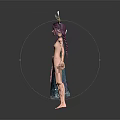 Fantasy Female Character With Deer Antlers White Top And Teal Decorative Skirt Standing Barefoot In Dark Background