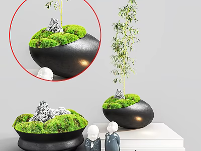 Bonsai Potted Plant With Green Moss Stones And Bamboo In Black Pot On White Stand 3d model