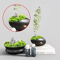 Bonsai Potted Plant With Green Moss Stones And Bamboo In Black Pot On White Stand