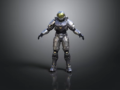 Futuristic Armored Character In Silver Metallic Armor With Golden Helmet Standing Pose 3d model
