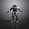 Futuristic Armored Character In Silver Metallic Armor With Golden Helmet Standing Pose
