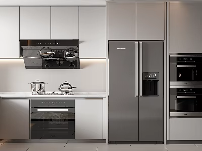 Modern Kitchen Featuring Integrated Appliances Range Hood Stove Refrigerator Oven Microwave And Cabinets 3d model